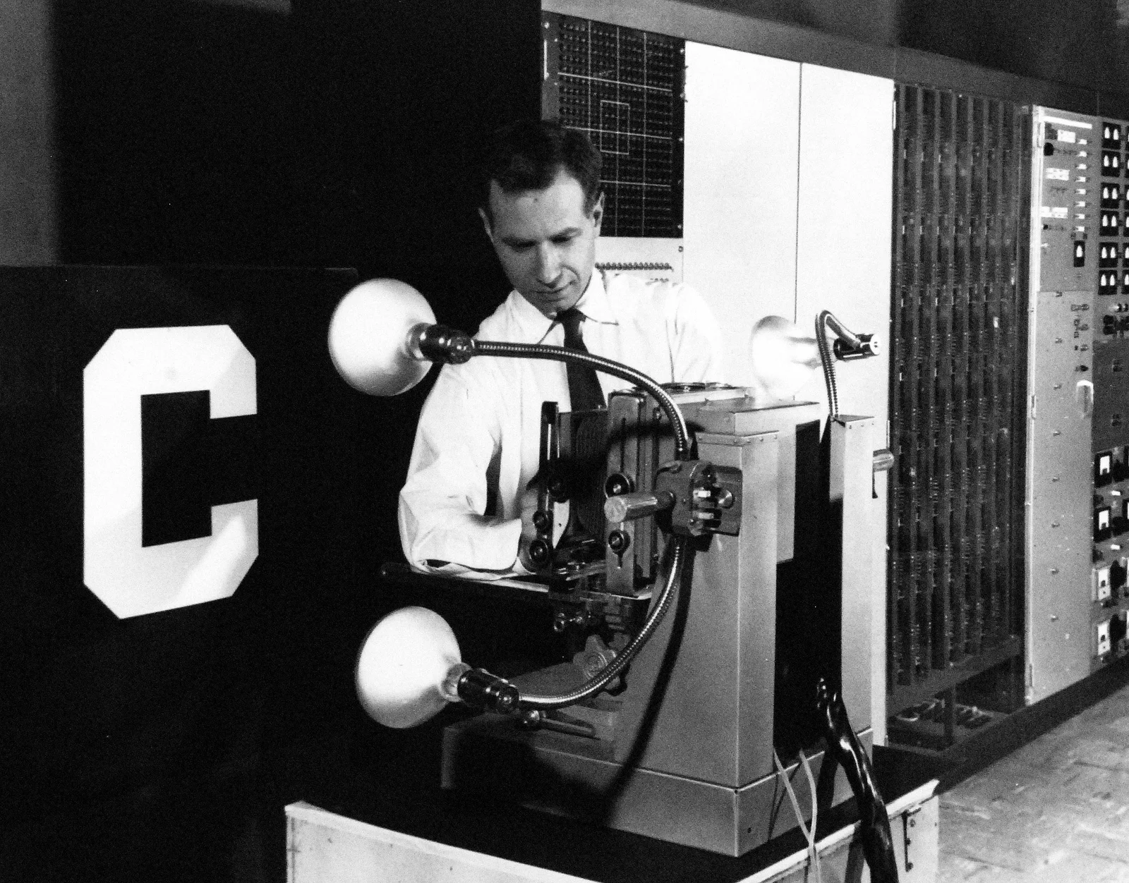 The Mark I Perceptron, an early machine for learning visual patterns, in an archival U.S. Navy photograph.
